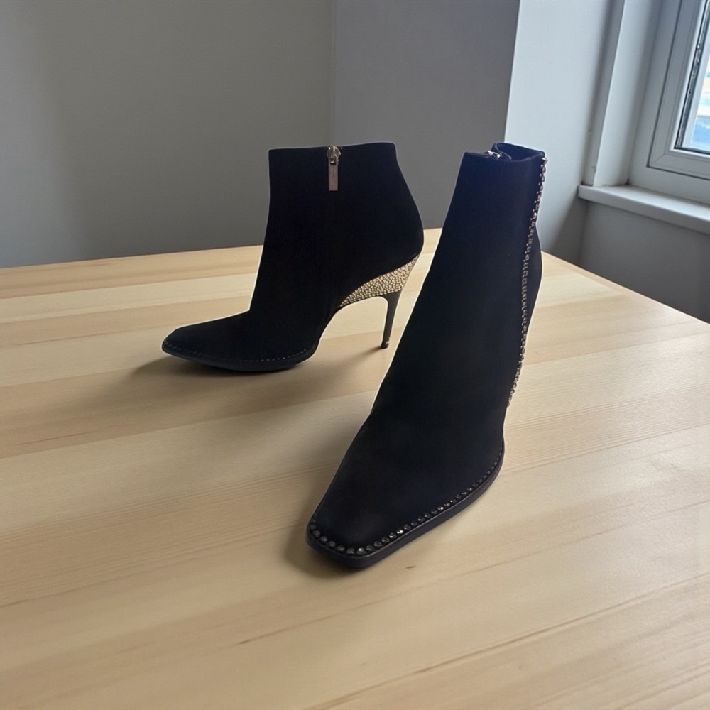 Authentic Jimmy Choo Black Ankle Boots, suede with crystal trim.